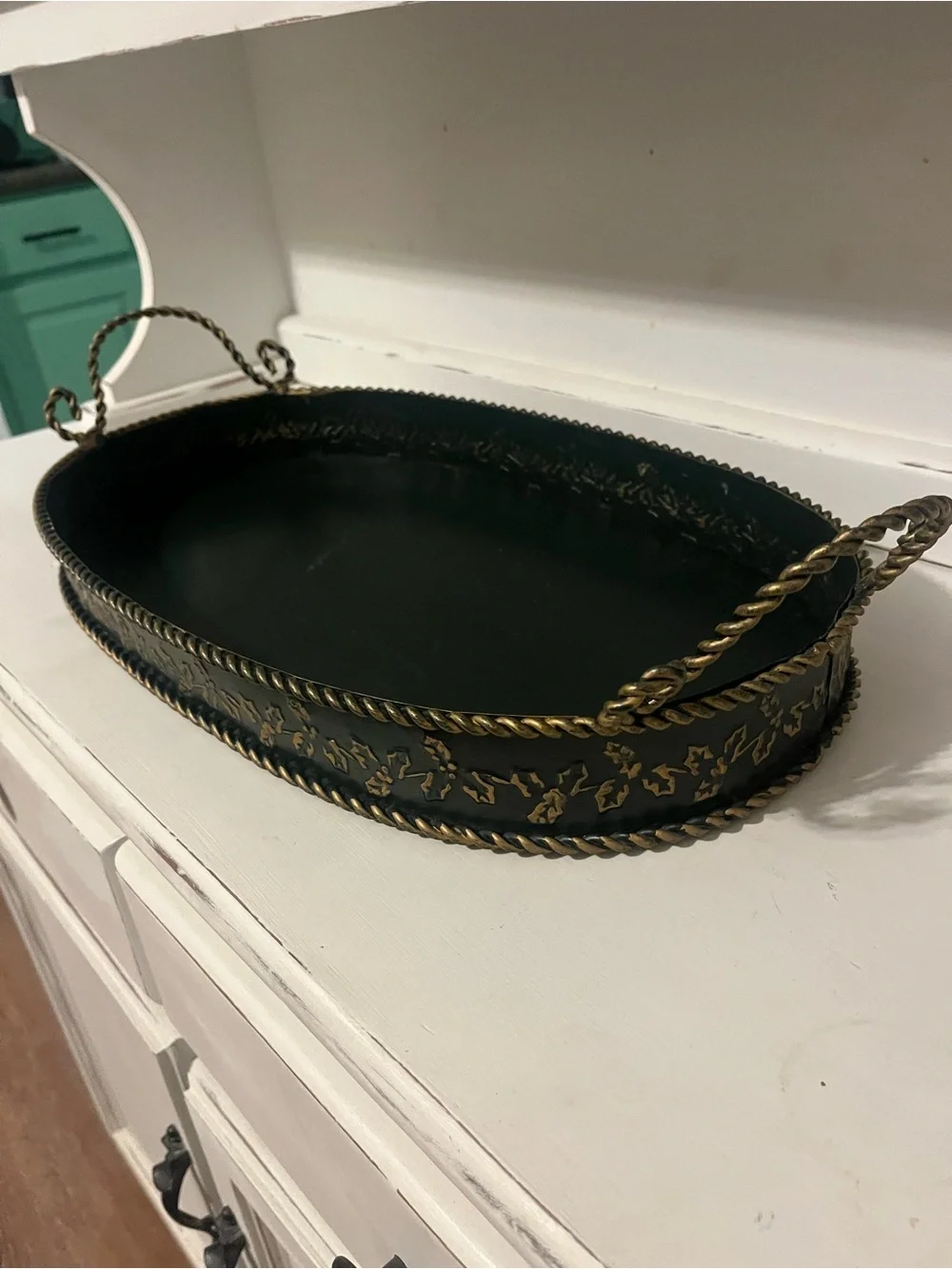 Dark Green and Gold Metal Oval Serving Tray with Handles
